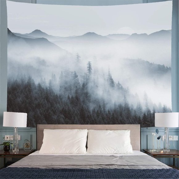 Realistic Foggy Forest Tree Peaceful Wilderness Landscape Dorm Art Wall Tapestry - Picture 6 of 6